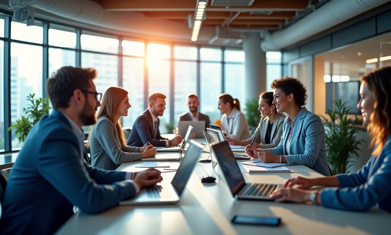 Zespół Żar Praca w nowoczesnym biurze, dyskutujący przy stole